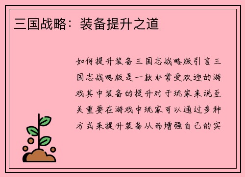 三国战略：装备提升之道